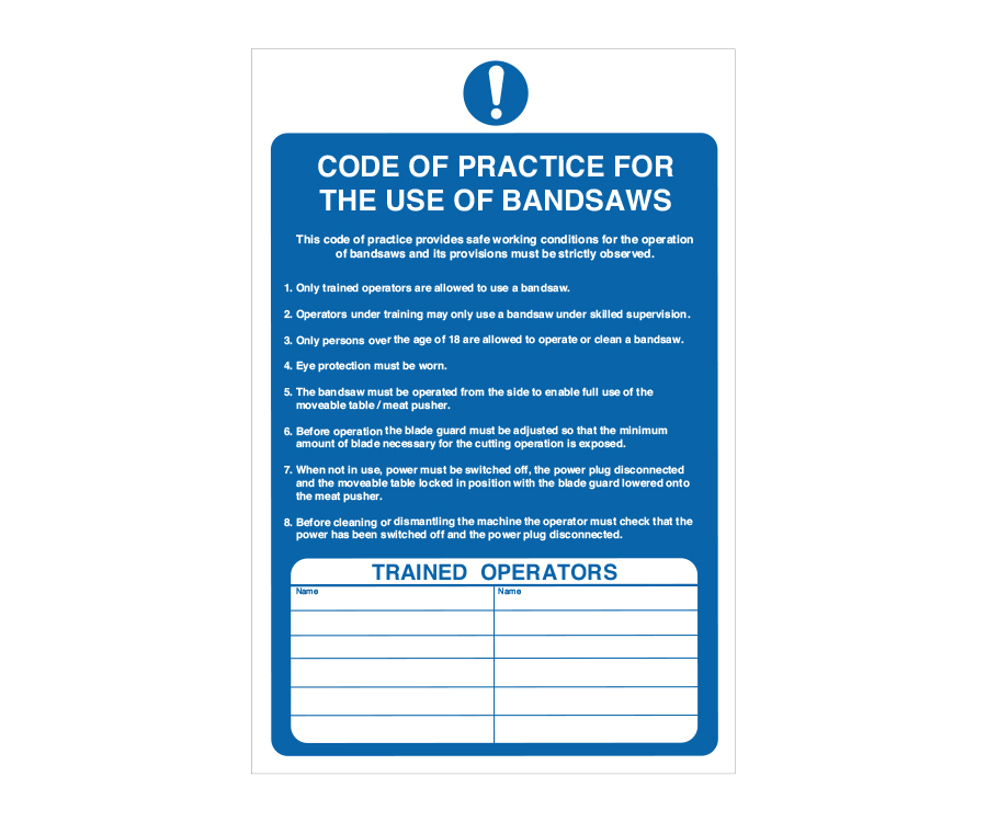 Code of Practice for the use of Bandsaws Notice