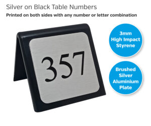 Black Table Number With Printed Brushed Silver Plate