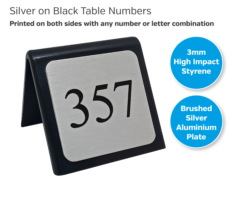 Black Table Number With Printed Brushed Silver Plate