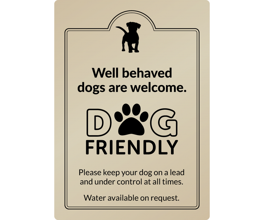 dg008g well behaved dogs welcome gold exterior sign