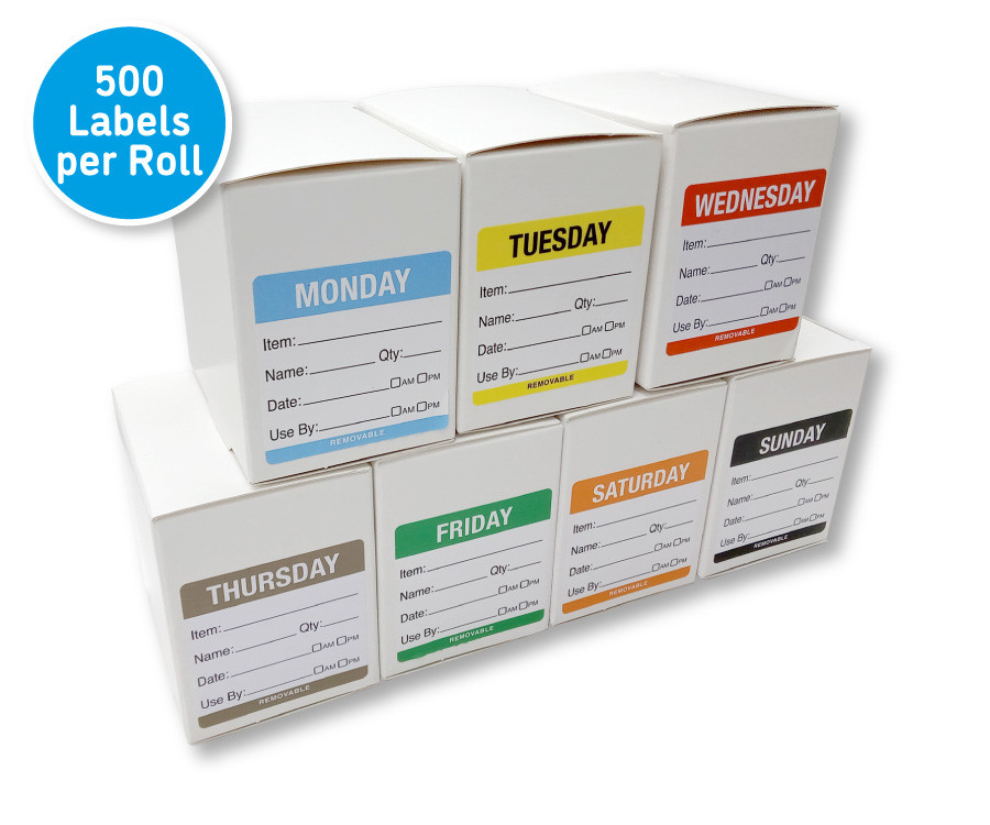 Day of the Week Colour Coded Food storage Labels - 50x50mm - Optional Label Dispenser