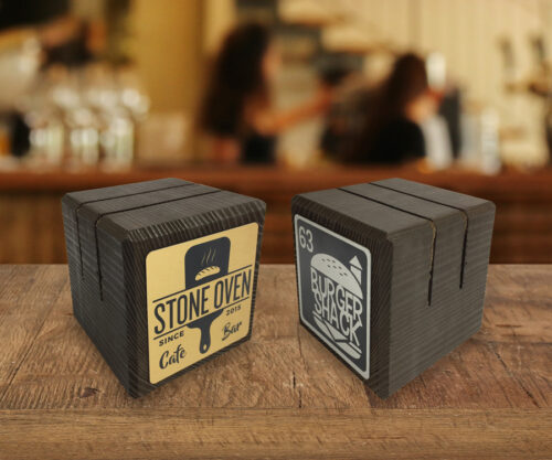 Table Menu Blocks Branded Wooden Block Menu Holders - Dark Wood