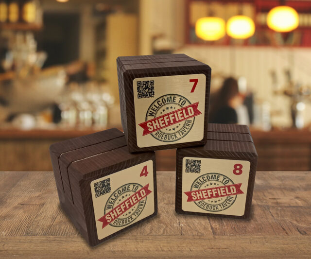 Table Menu Blocks Branded Wooden Block Menu Holders - Dark Wood