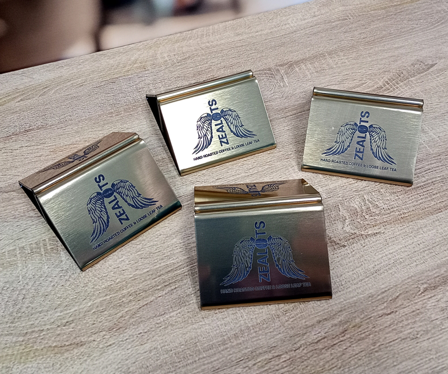 Zealots Coffee Branded Gold Engraved Menu Holders