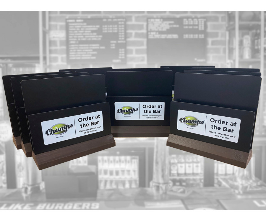 branded wooden menu holder champs