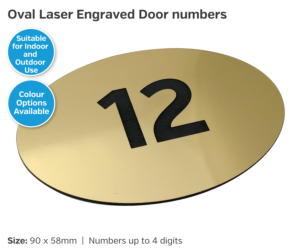Laser Engraved Oval Door Numbers. 90x58mm