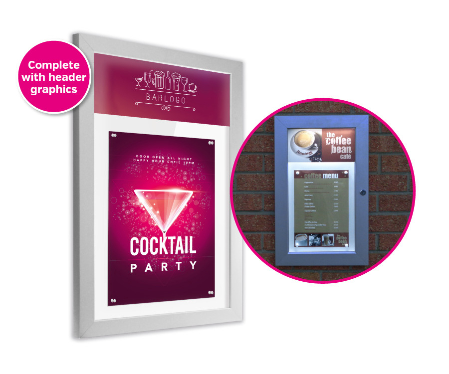 Illuminated Wall Mounted Lockable Poster/Menu Display Case with Personalised Header