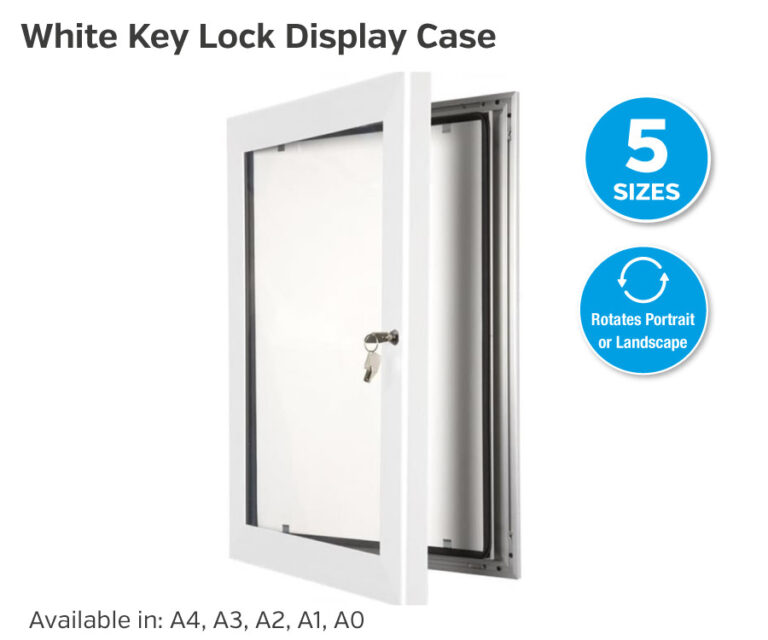 Wall Mounted Lockable Poster Display. White. A4, A3, A2, A1, A0.