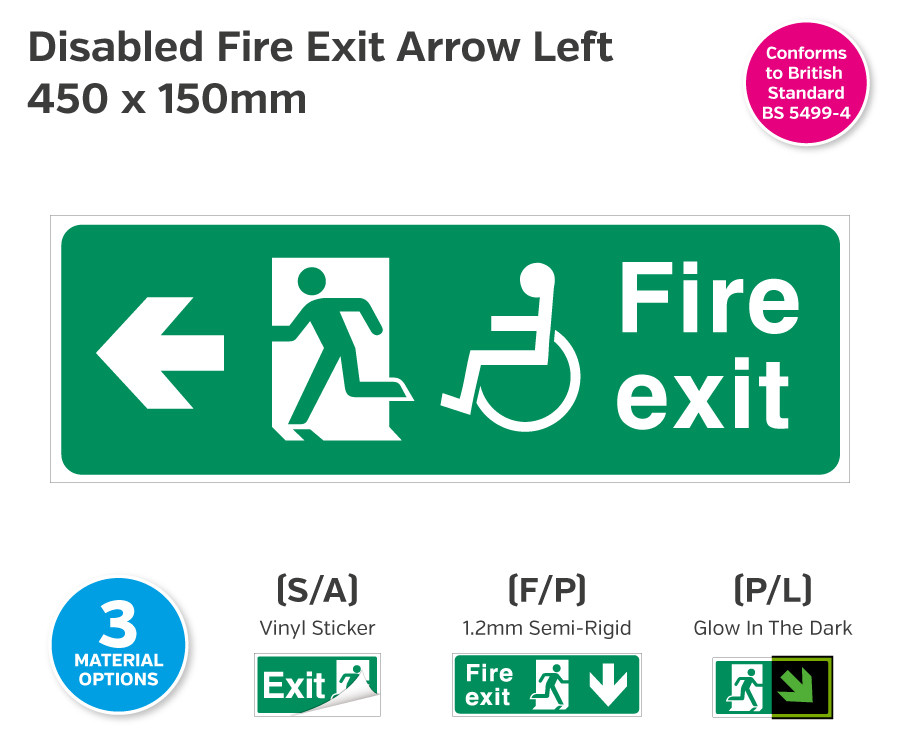 Disabled Fire Exit Arrow Left Sign - 440 x 150mm