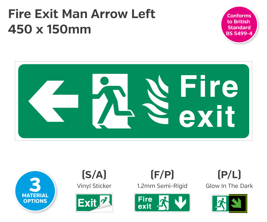 Fire Exit Man Arrow Left for Hospitals 400 x 150mm