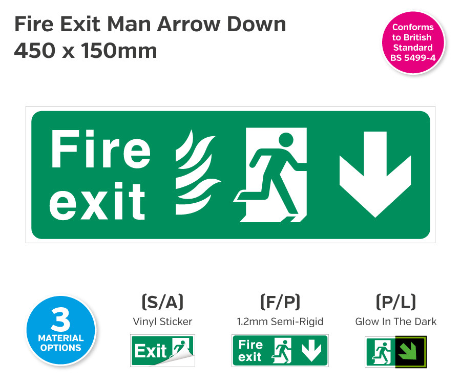 Fire Exit Man Arrow Down for Hospitals 450 x 150mm