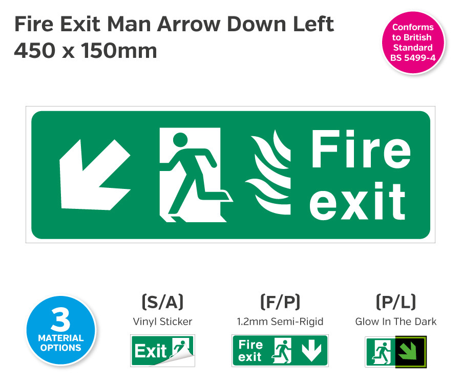 Fire Exit Man Arrow Down Left for Hospitals 450 x 150mm