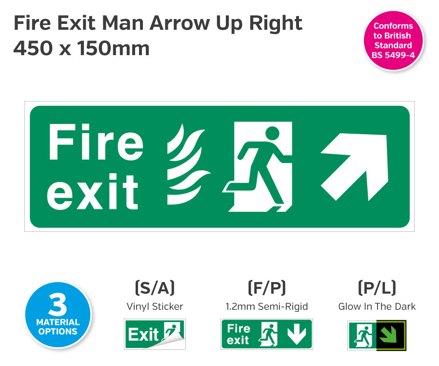 Fire Exit Man Arrow Up Right for Hospitals 450 x 150mm