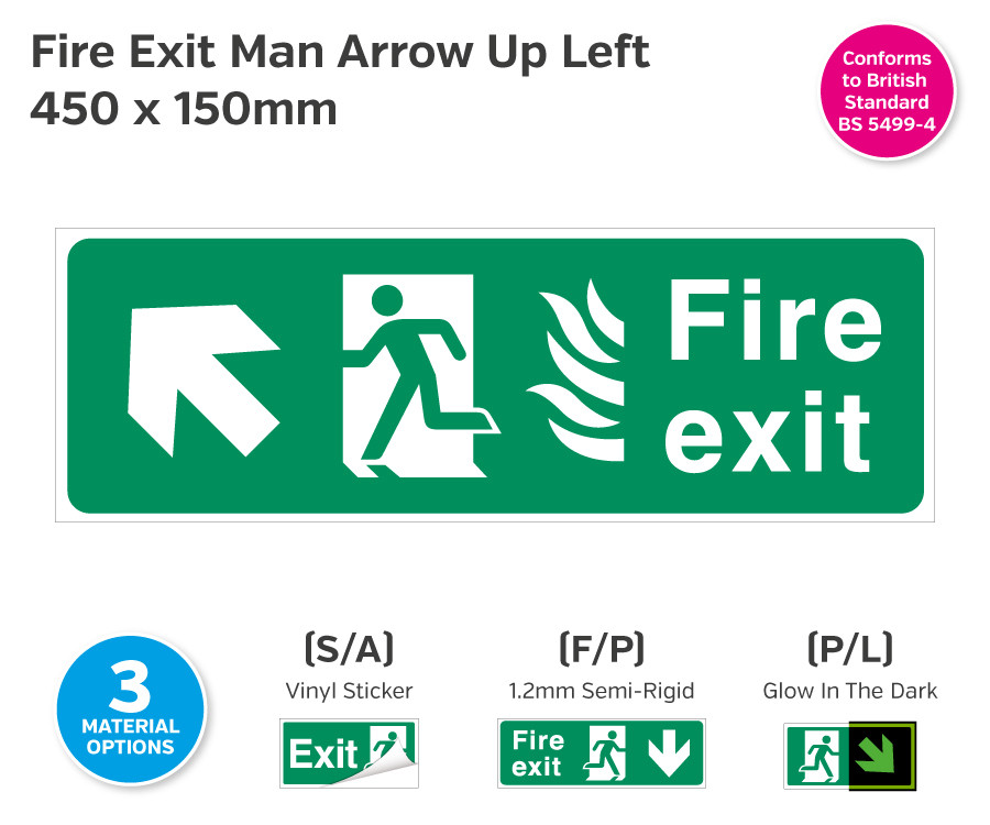 Fire Exit Man Arrow Up Left for Hospitals 450 x 150mm