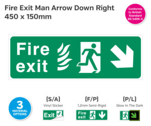 Fire Exit Man Arrow Down Right for Hospitals 450 x 150mm