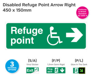 Disabled Refuge Point Arrow Right Sign - 450 x 150mm