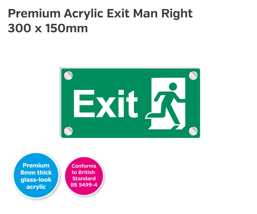 Premium Clear Acrylic Fire Exit Man Right Sign - 300 x 150mm