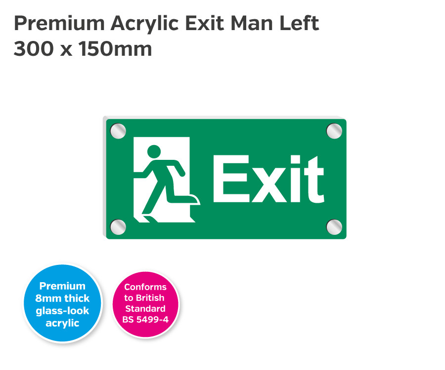 Premium Clear Acrylic Fire Exit Man Left Sign - 300 x 150mm