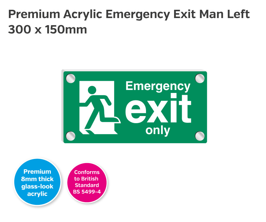 Premium Clear Acrylic Emergency Exit Only Man Left Sign - 300 x 150mm