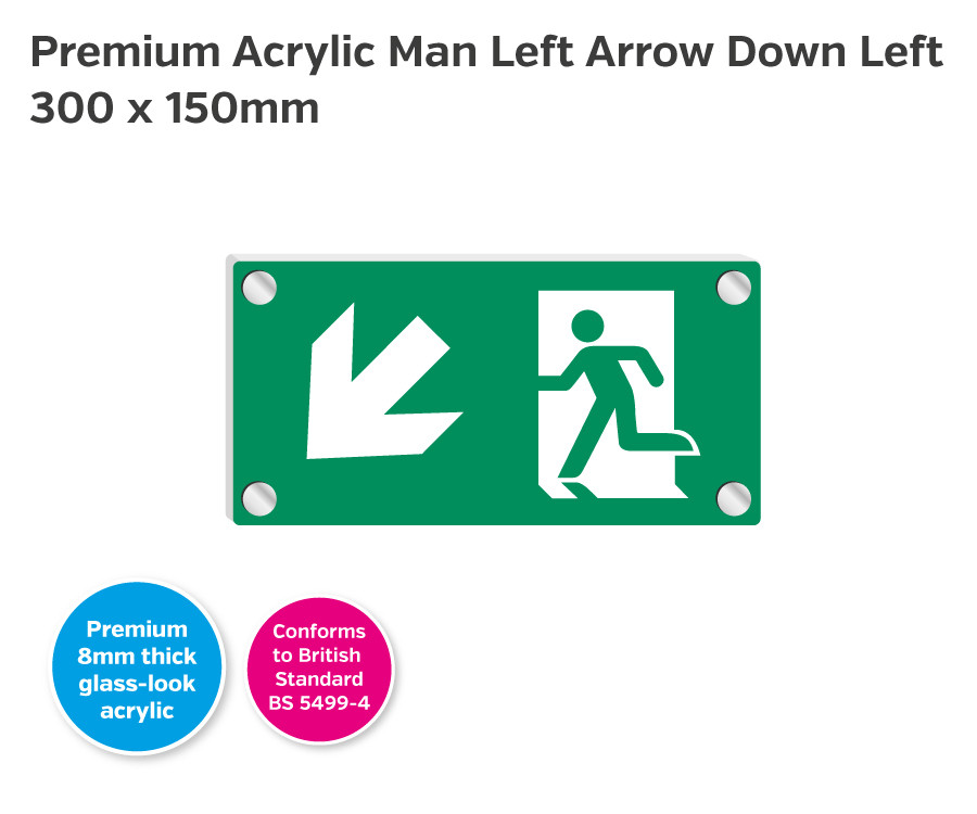 Premium Clear Acrylic Man Left Arrow Down Left Sign - 300 x 150mm
