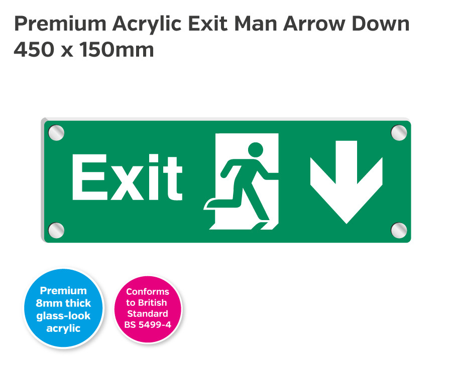 Premium Clear Acrylic Fire Exit Arrow Down Sign - 450 x 150mm