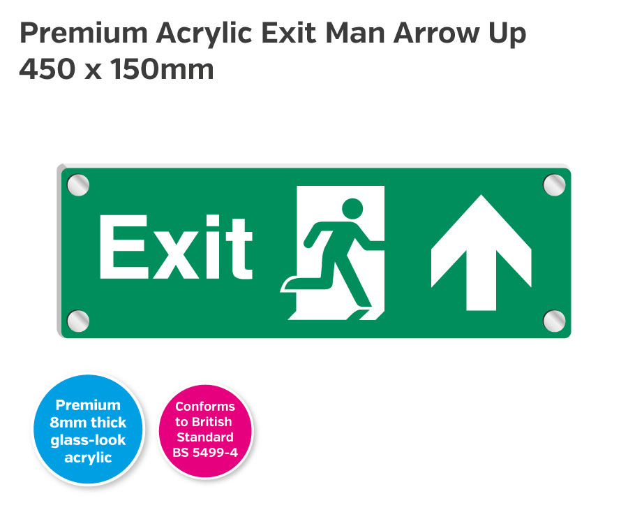 Premium Clear Acrylic Fire Exit Arrow Up Sign - 450 x 150mm