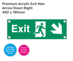 Premium Clear Acrylic Fire Exit Arrow Down Right Sign - 450 x 150mm
