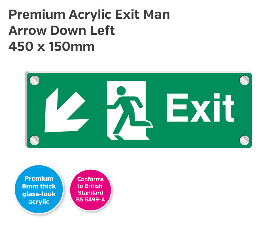 Premium Clear Acrylic Fire Exit Man Arrow Down Left Sign - 450 x 150mm