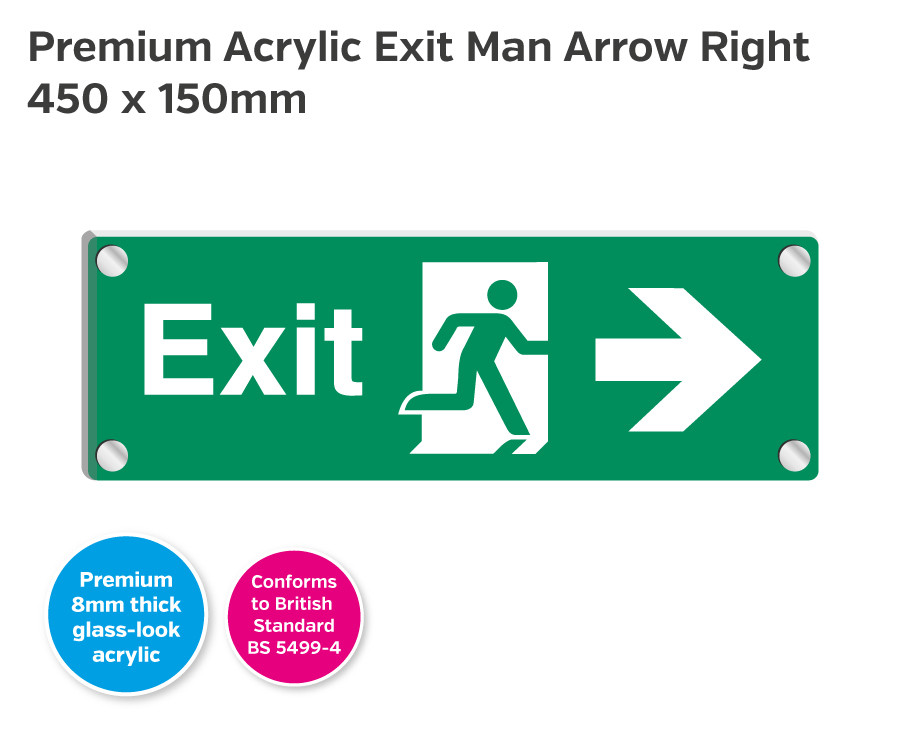 Premium Clear Acrylic Fire Exit Man Arrow Right Sign - 450 x 150mm