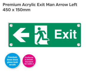 Premium Clear Acrylic Fire Exit Man Arrow Left Sign - 450 x 150mm