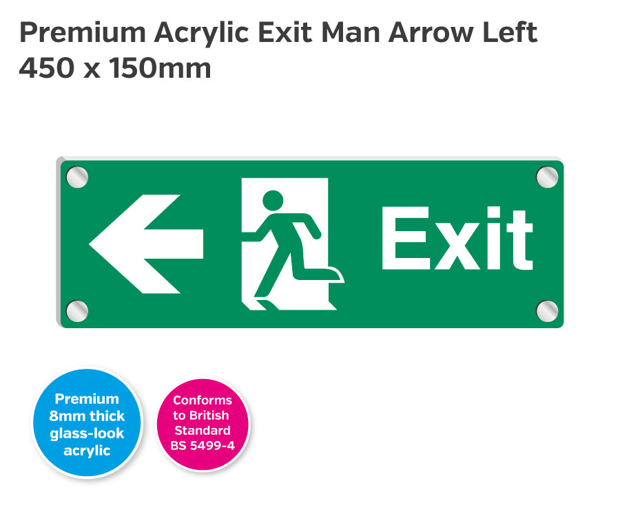 Premium Clear Acrylic Fire Exit Man Arrow Left Sign - 450 x 150mm