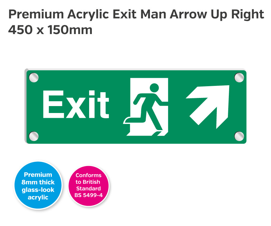 Premium Clear Acrylic Fire Exit Man Arrow Up Right Sign - 450 x 150mm