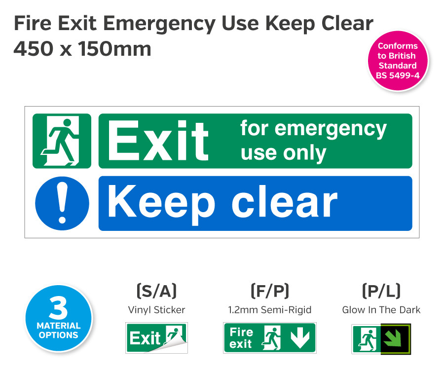 Fire Exit for Emergency Use Only / Keep Clear Sign - 450 x 150mm