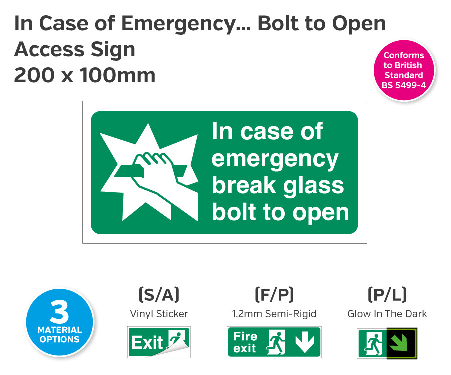 In Case of Emergency Break Glass Bolt to Open Sign - 200 x 100mm