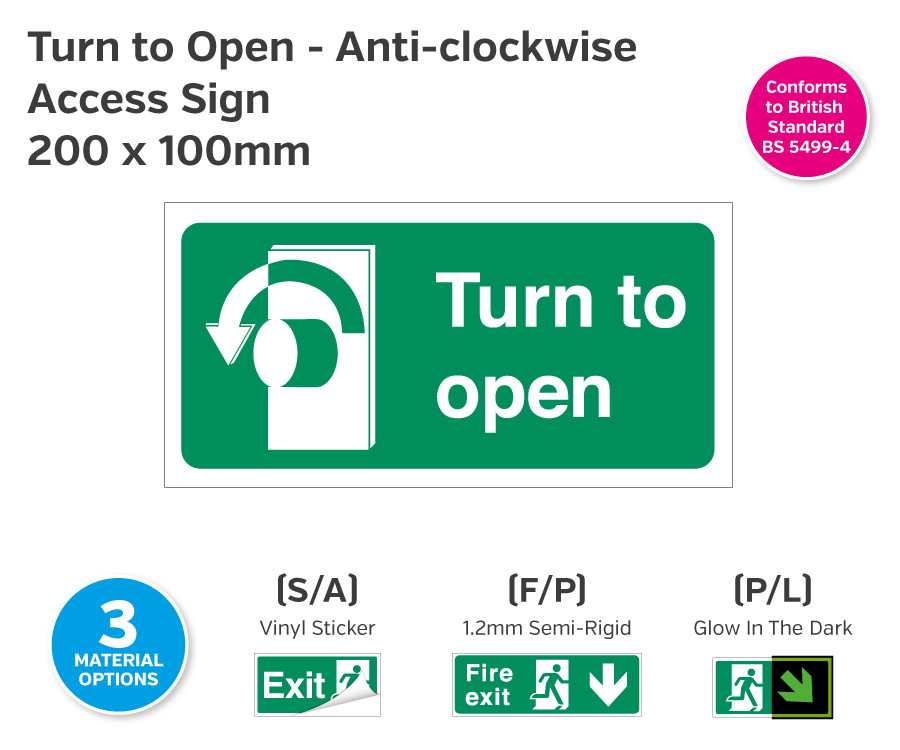 Turn to Open Anti-clockwise Sign - 200 x 100mm