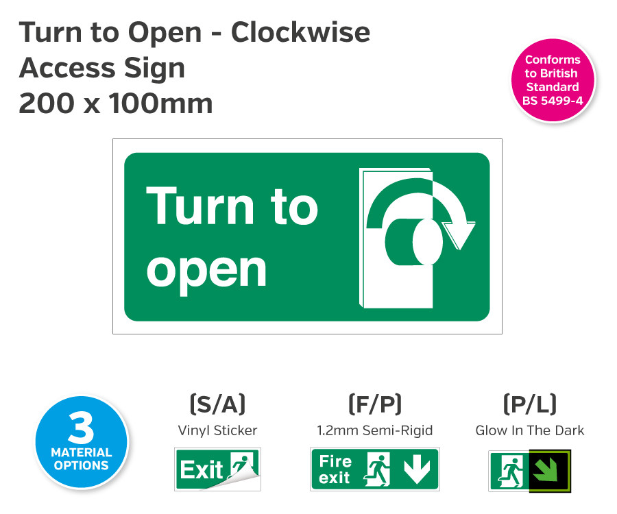 Turn to Open Clockwise Sign 200 x 100mm