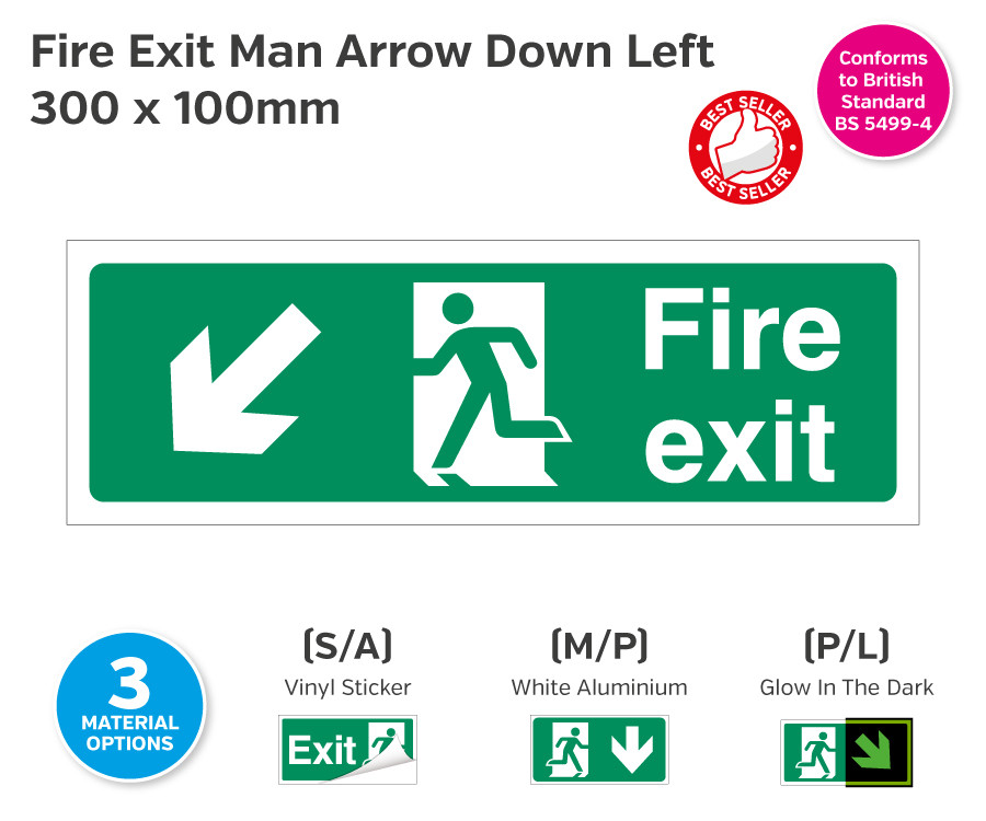 Fire Exit Man Arrow Down Left Sign