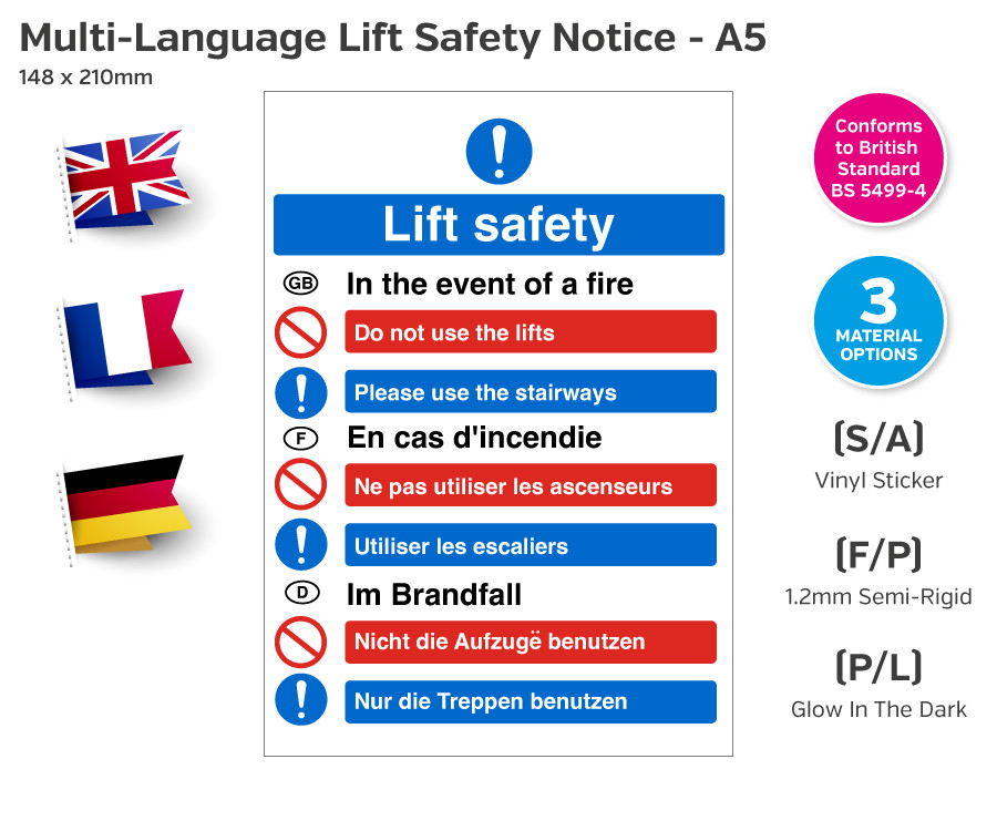 Multi-Language Lift Safety Fire Action Notice - A5