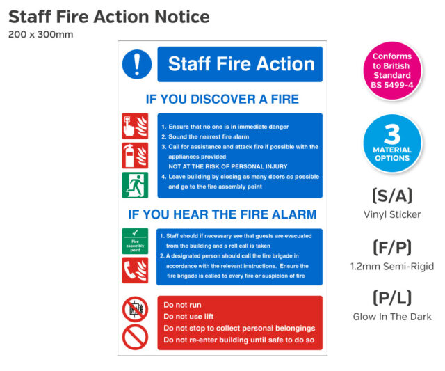 Staff Fire Action Notice - 200 x 300mm - Cater Signs