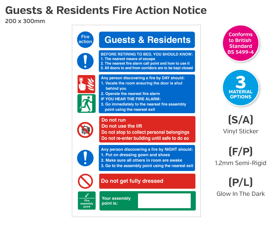 Guests and Residents Fire Action Notice - 200 x 300mm