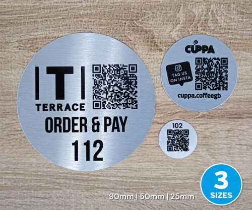 Silver Qr Code Single Colour Brushed Silver QR Code Table Number Discs - 3 Sizes ...
