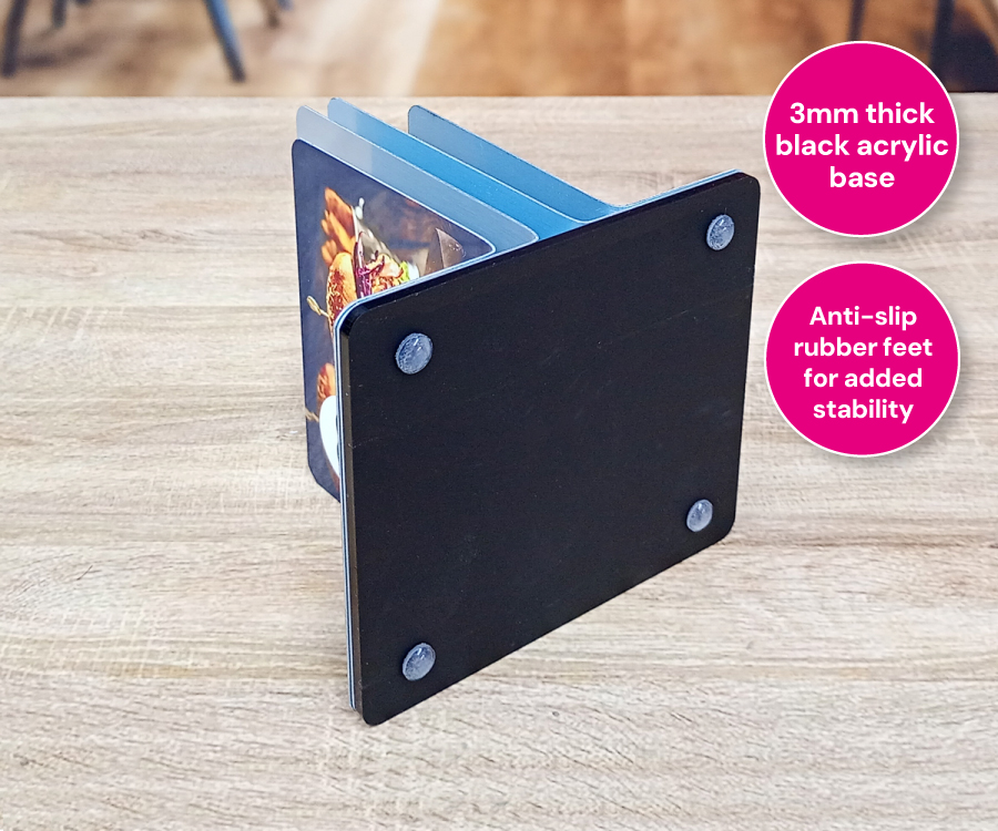 Full colour branded triple channel menu holders