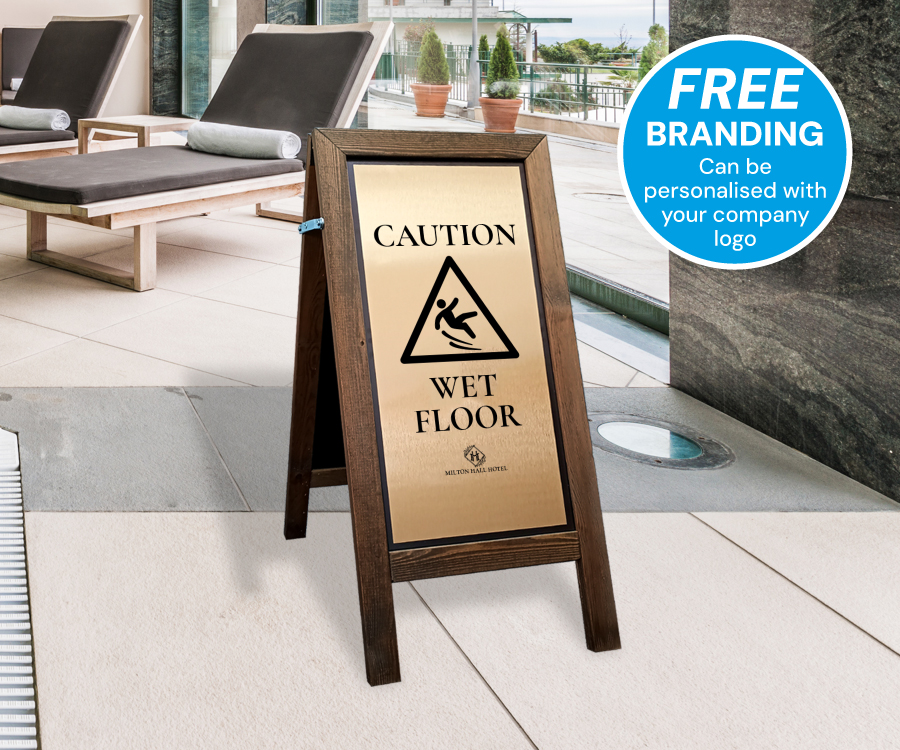 Premium Wooden Wet Floor Safety Stand with Gold Finish
