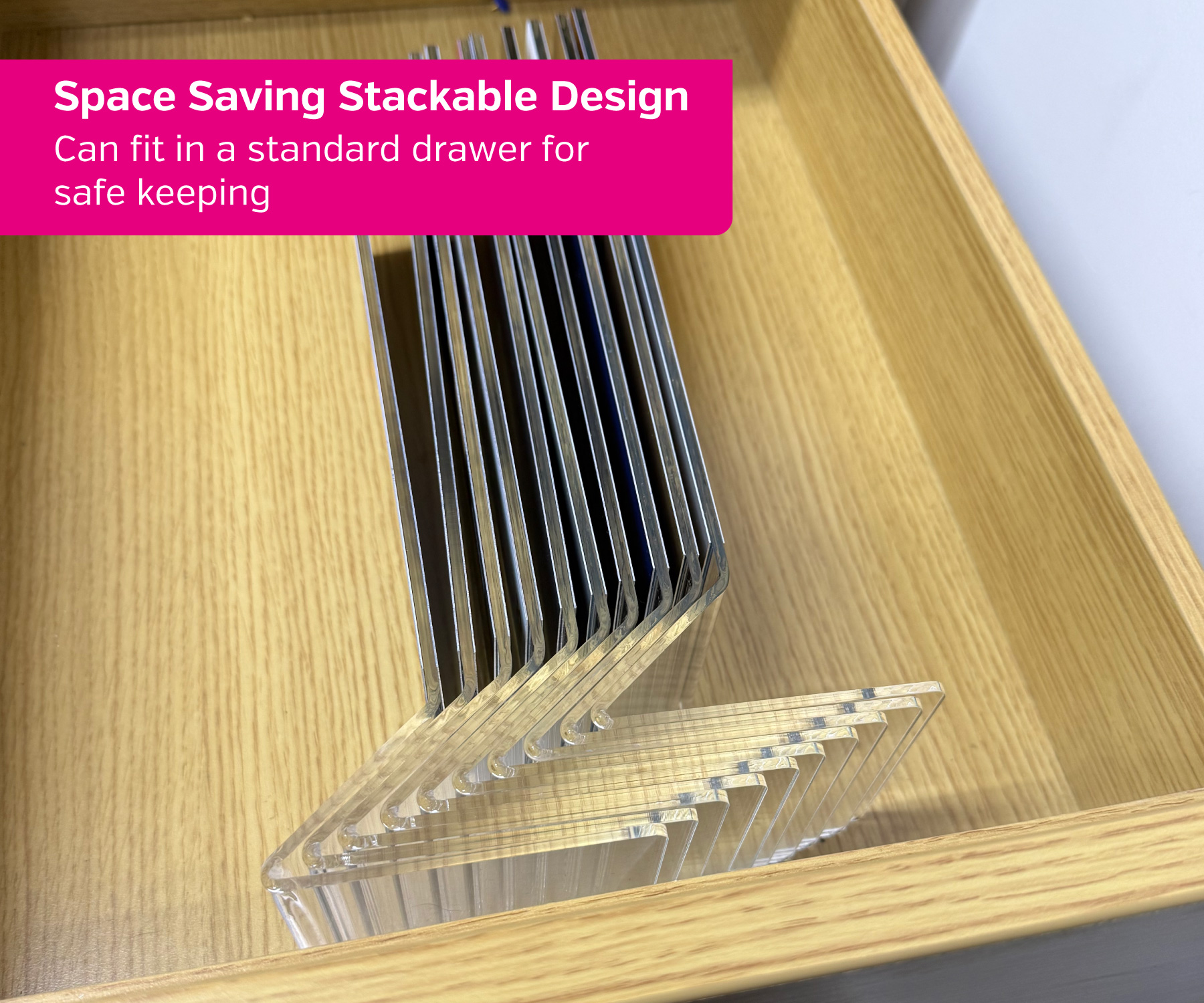 Space Saving Stackable Design - Fits in a drawer