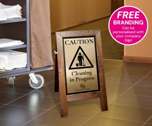 Short Premium Wooden Safety Floor Stand - Cleaning in Progress