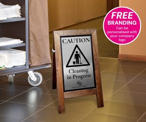 Short Premium Wooden Safety Floor Stand - Cleaning in Progress