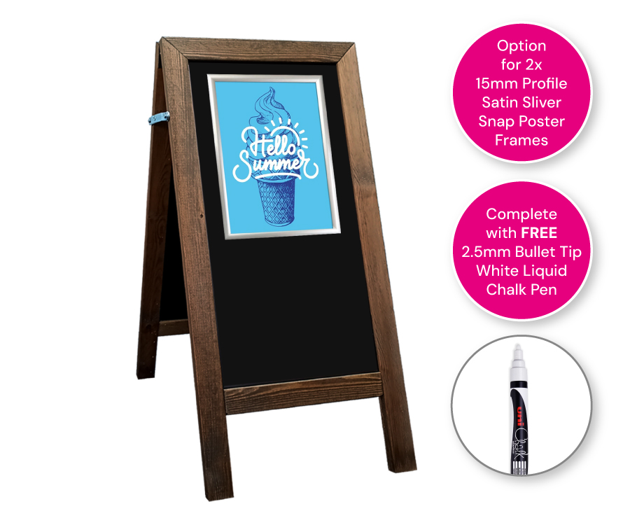 Slim Wooden Frame Chalkboard A-Board with 2 x Silver Snap Poster Frames